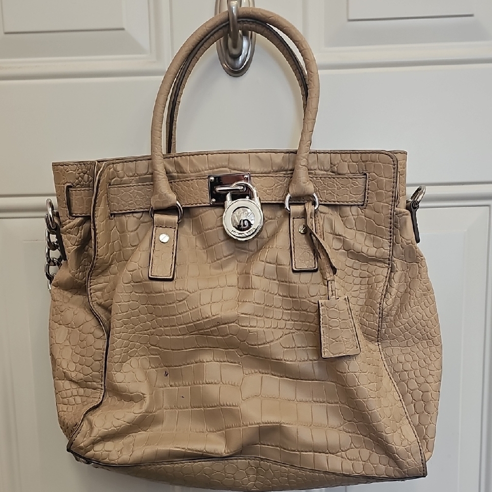 Tan, Faux, Crocodile  Embossed, Tote Bag, Shoulder, Kors, Silver, Casual, Travel